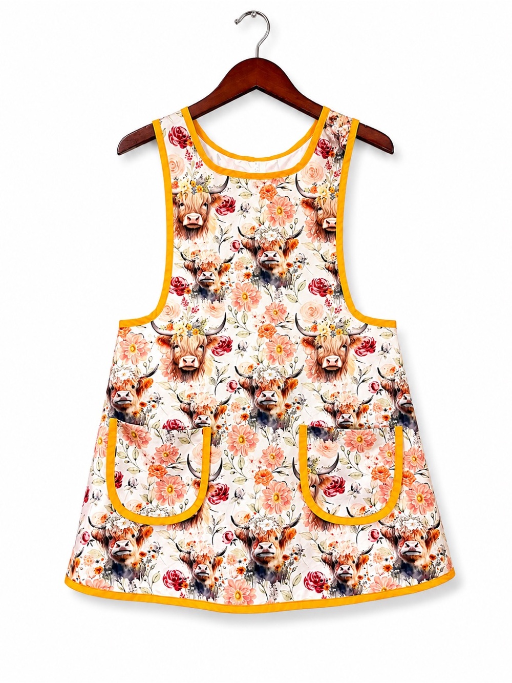 Handmade Highland Cow Floral Apron One Size Farmhouse Kitchen